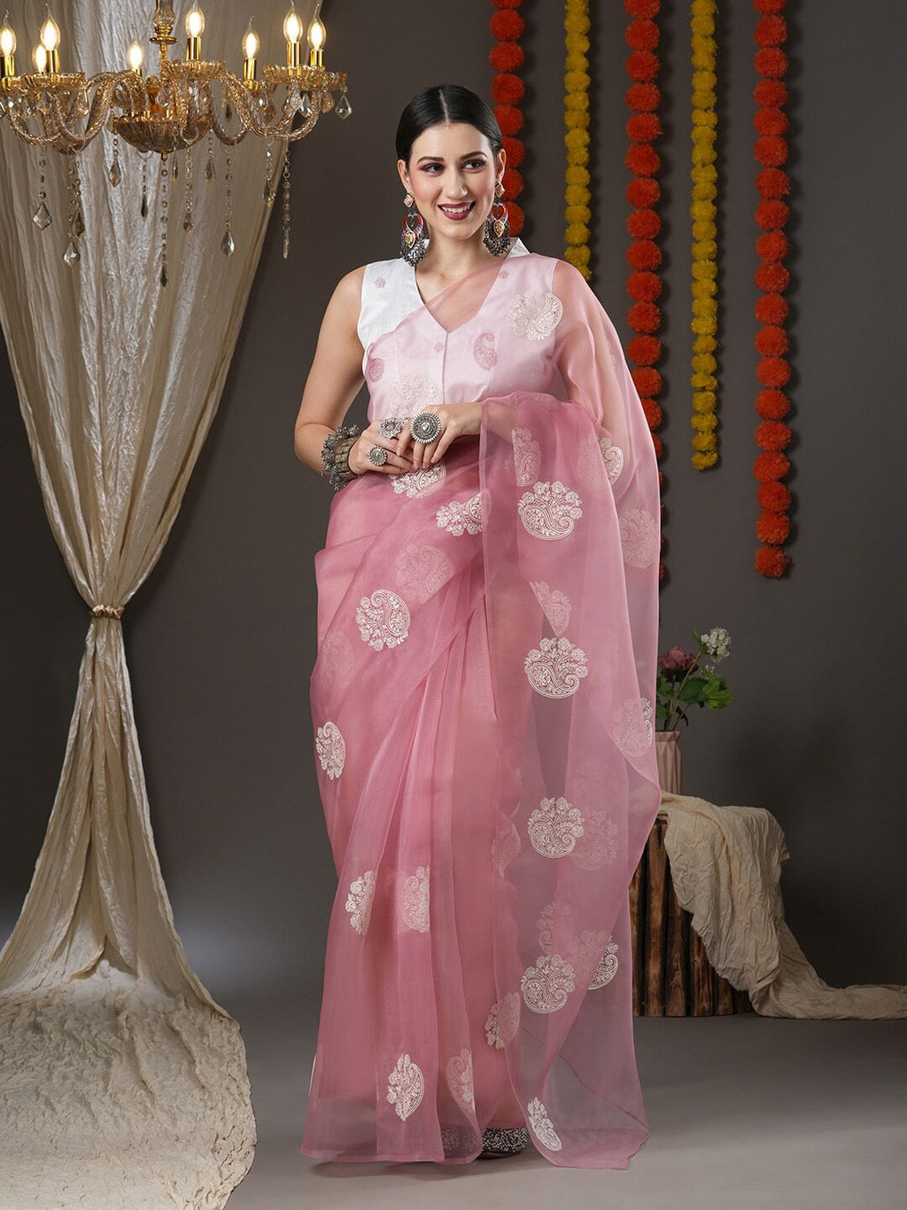 Saree Mall Mauve & White Floral Embroidered Organza Banarasi Sarees | Grocsy
