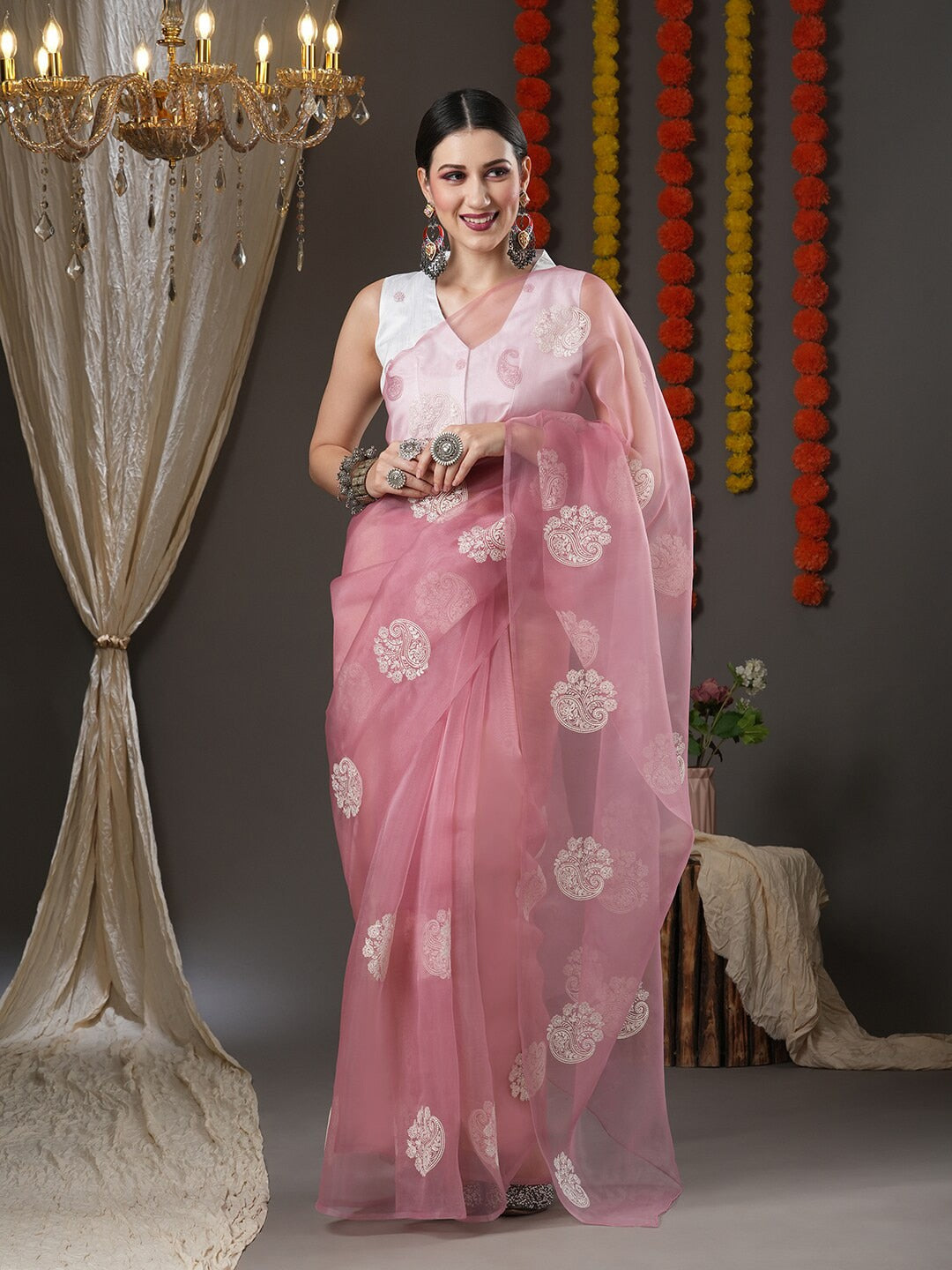 Saree Mall Mauve & White Floral Embroidered Organza Banarasi Sarees | Grocsy