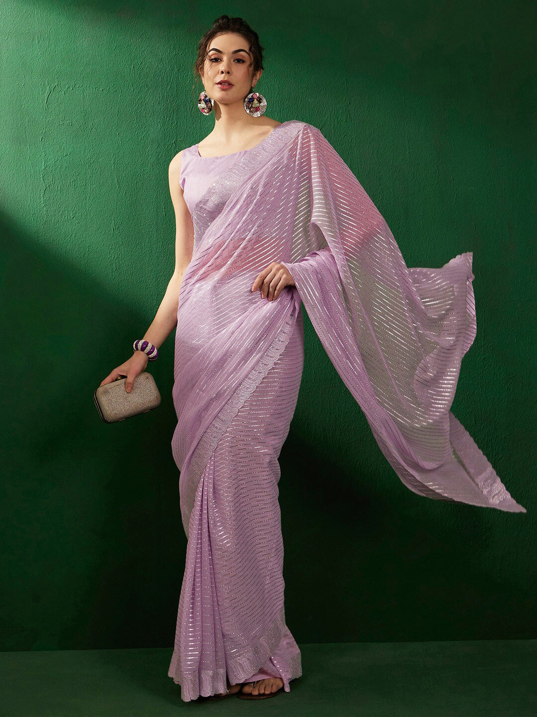 Sangria Mauve Embellished Pure Georgette Saree | Grocsy