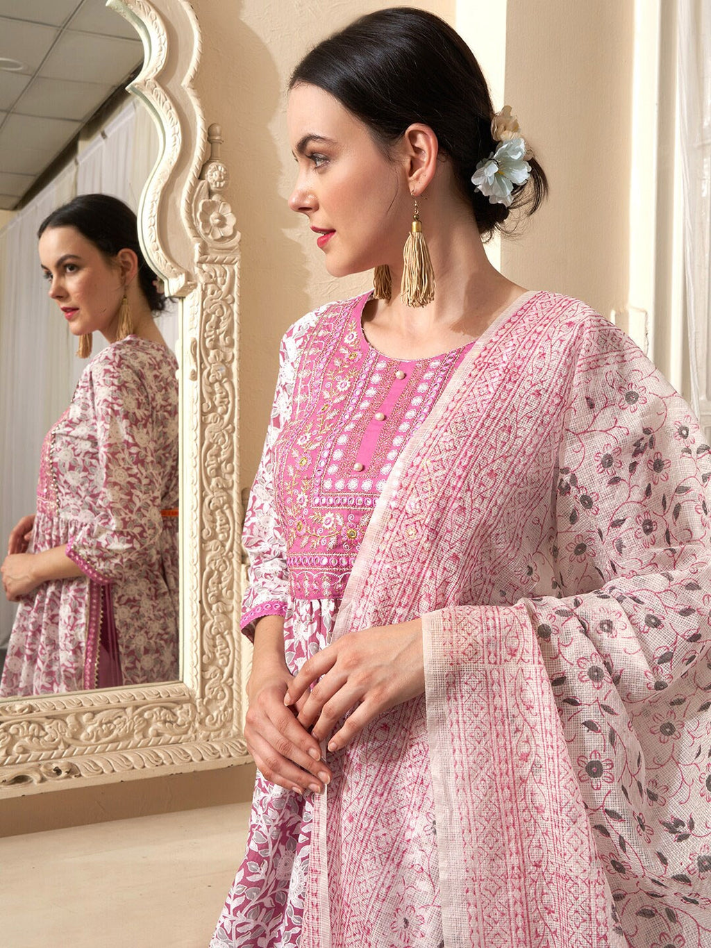 Sangria Mauve Embroidered Straight Pure Cotton Kurta With Trouser & Dupatta | Grocsy