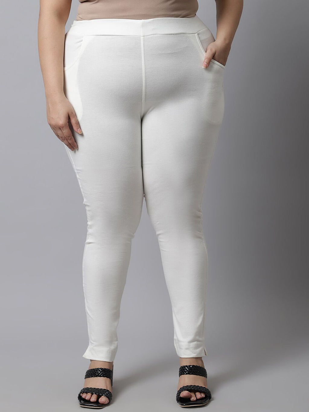 TAG 7 Women Plus Size Off White Solid Ankle Length Leggings | Grocsy