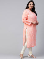 ADA Ada Women Plus Size Peach-Coloured & White Ethnic Motifs Chikankari Georgette Handloom Kurta | Grocsy
