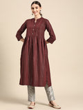 Sangria Women Maroon Striped A-Line Kurta | Grocsy