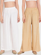 TAG 7 Women White & Beige Set of 2 Flared Ethnic Palazzos | Grocsy