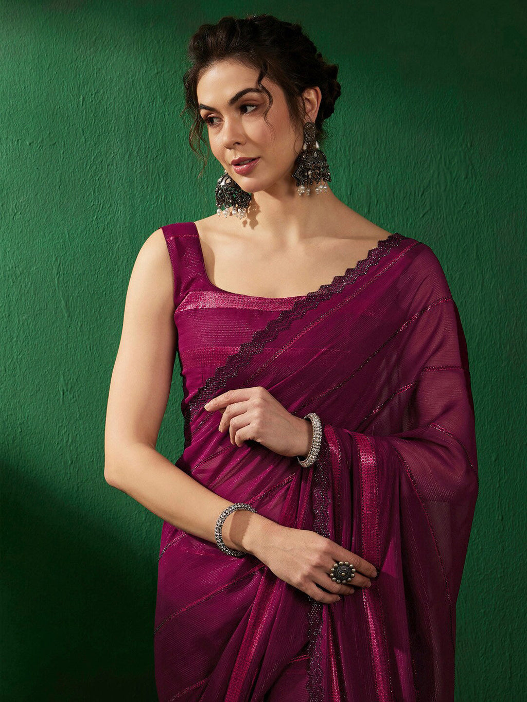 Sangria Striped Embellished Pure Georgette Saree | Grocsy