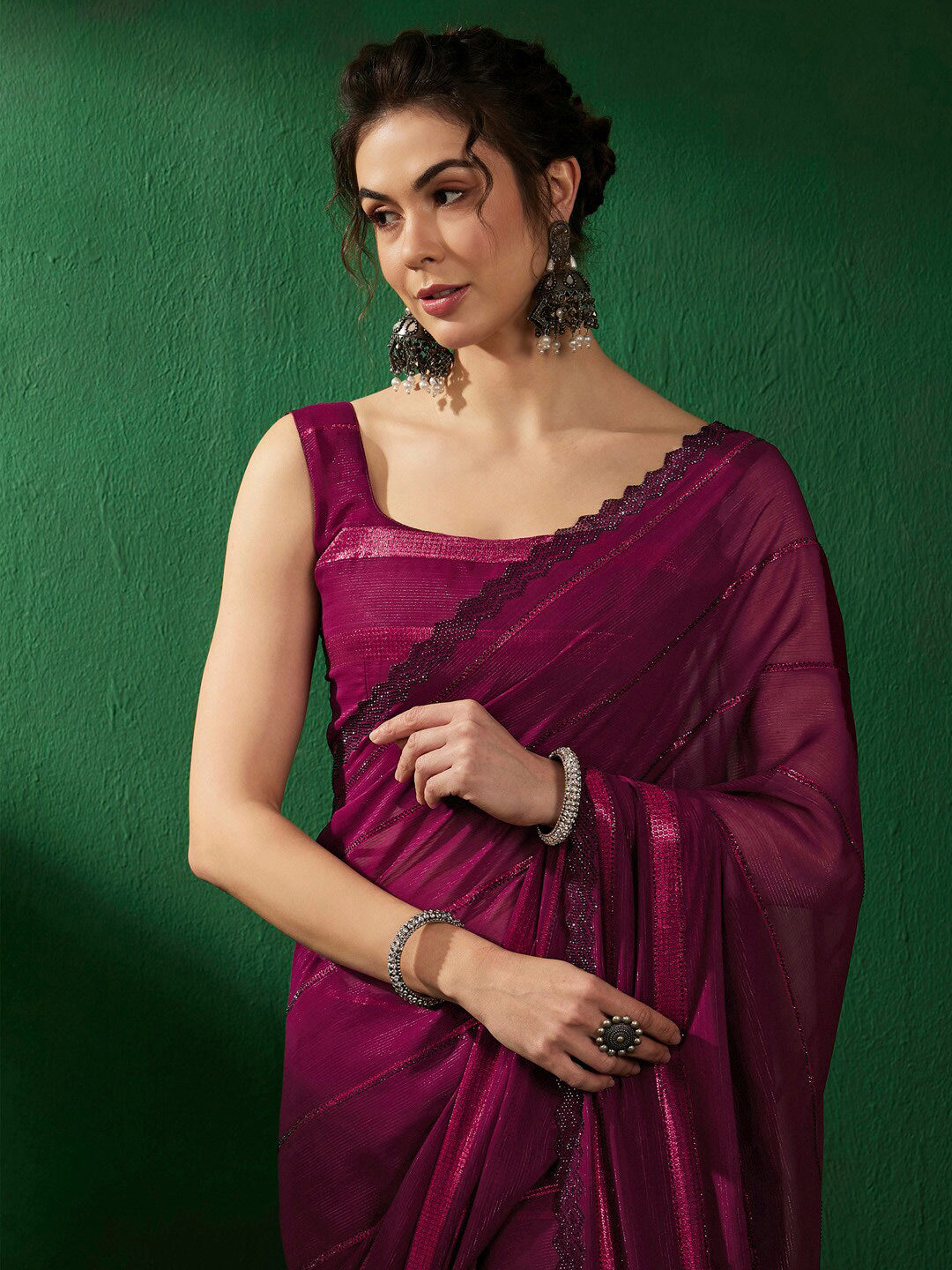 Sangria Striped Embellished Pure Georgette Saree | Grocsy