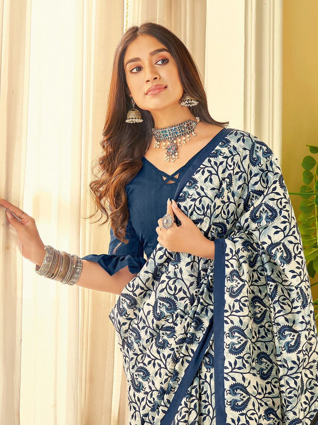 Saree Mall Off White & Blue Ethnic Motifs Dabu Saree | Grocsy