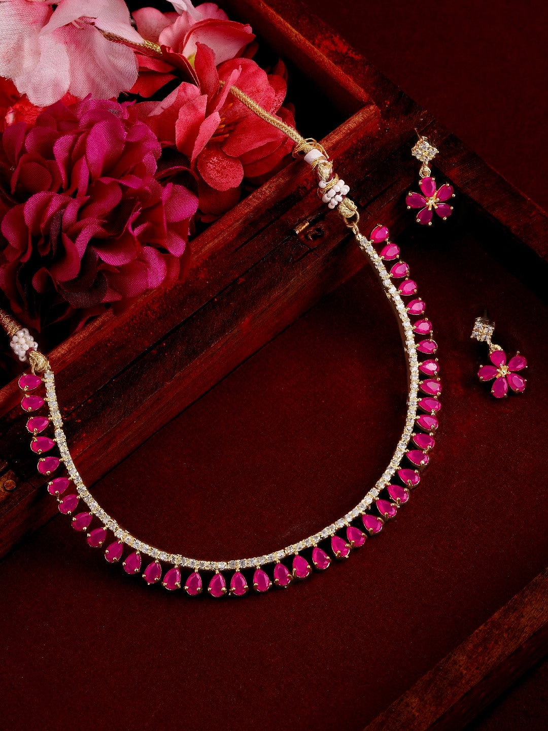 Gold-Polished Alloy Ruby Colour American Diamond Choker Necklace Set - The Pari | Grocsy
