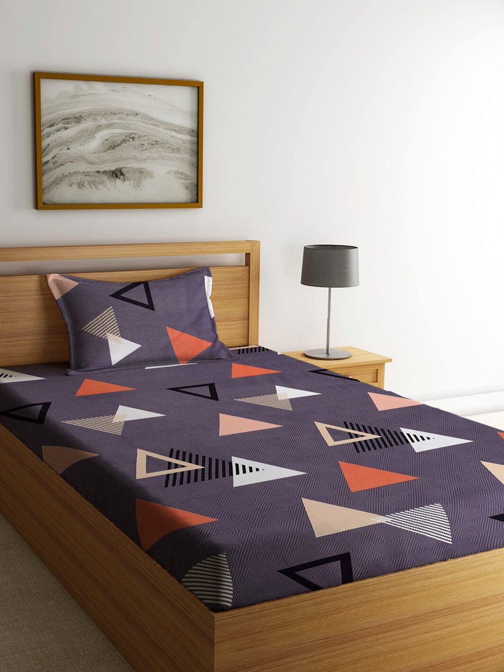 Home Sizzler Grey & White Geometric 144 TC Single Bedsheet with 1 Pillow Covers | Grocsy