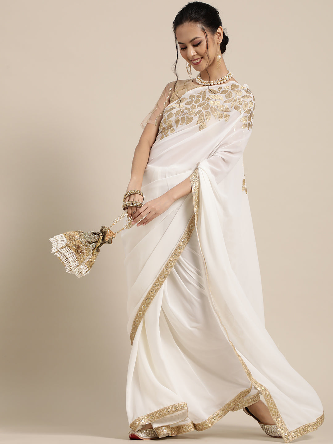 Saree Mall White & Golden Floral Muga Saree | Grocsy