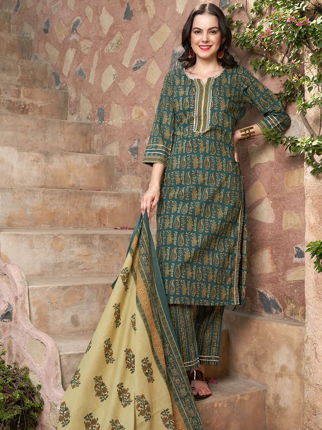 Sangria Ethnic Motifs Printed Pure Cotton Kurta with Trousers & Dupatta | Grocsy