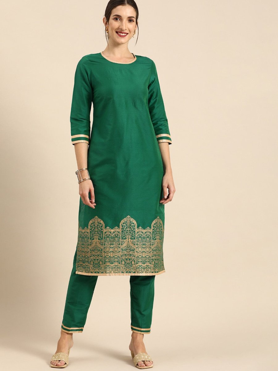 All About You Women Green & Gold Printed Regular Kurta with Trousers | Grocsy