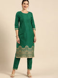All About You Women Green & Gold Printed Regular Kurta with Trousers | Grocsy