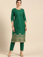 All About You Women Green & Gold Printed Regular Kurta with Trousers | Grocsy