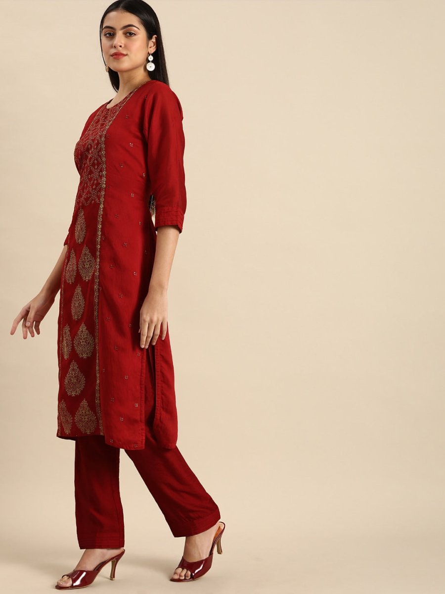 All About You Women Red & Golden Ethnic Motifs Embroidered Kurta Set | Grocsy