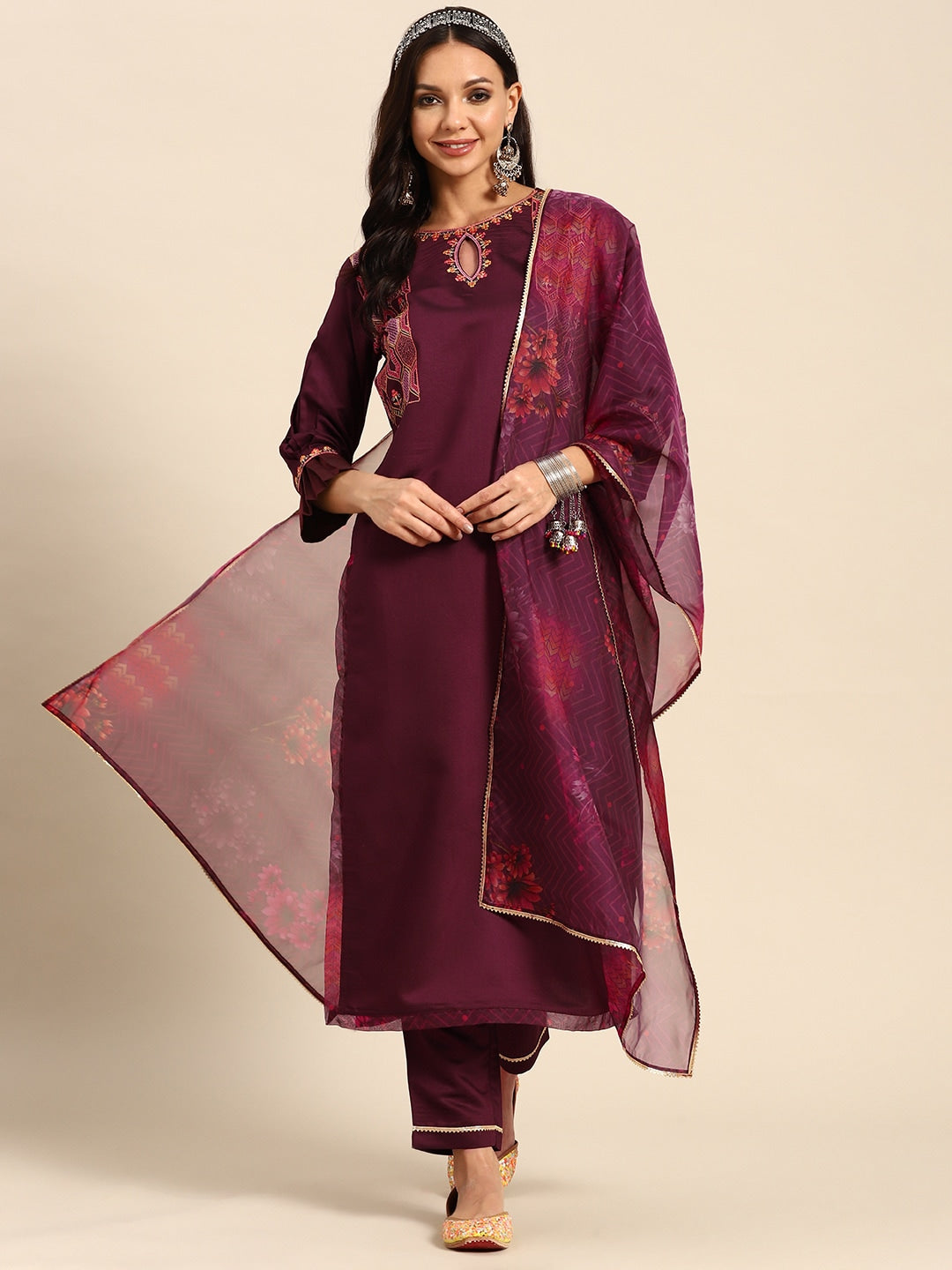 Sangria Women Floral Embroidered Regular Sequinned Kurta With Trousers & With Dupatta | Grocsy