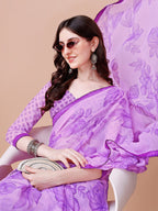 Sangria Purple Floral Printed Pure Chiffon Saree | Grocsy
