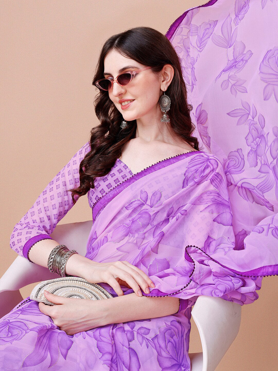 Sangria Purple Floral Printed Pure Chiffon Saree | Grocsy