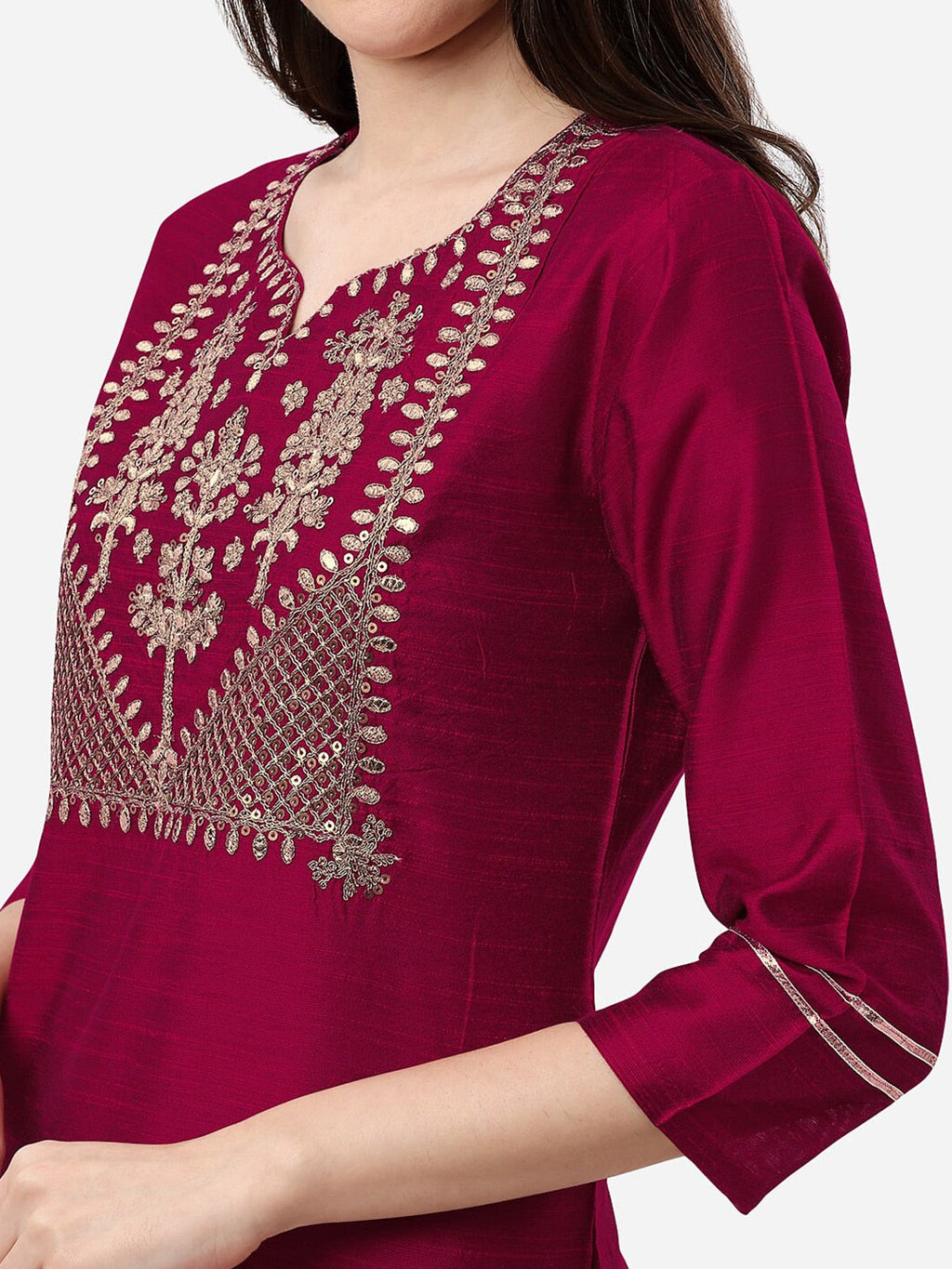 HERE&NOW Women Magenta & Golden Floral Embroidered Kurta | Grocsy
