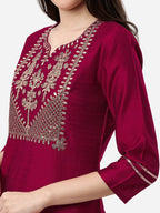 HERE&NOW Women Magenta & Golden Floral Embroidered Kurta | Grocsy
