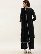 All About You Women Black & Grey Striped Keyhole Neck Kurta with Palazzos & Dupatta | Grocsy