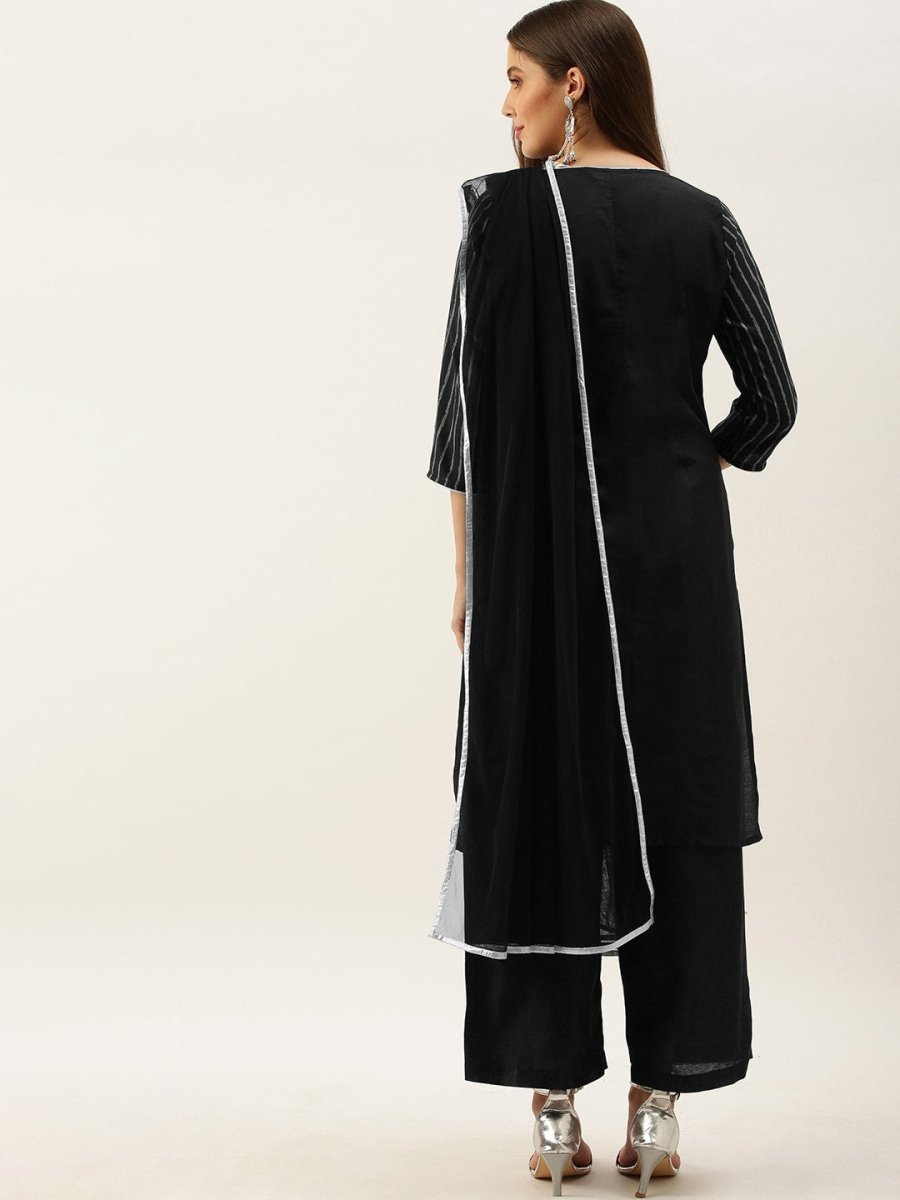 All About You Women Black & Grey Striped Keyhole Neck Kurta with Palazzos & Dupatta | Grocsy