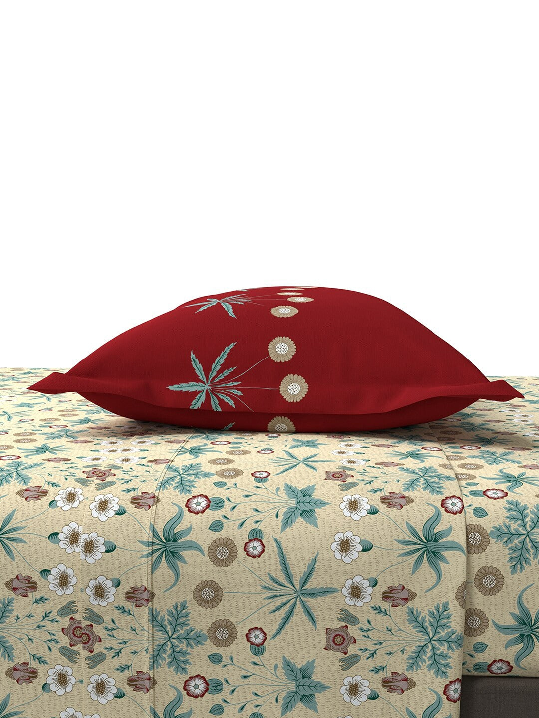 MYTRIDENT Beige Green Floral Cotton 144 TC Queen Bedsheet With 2 Pillow Covers | Grocsy