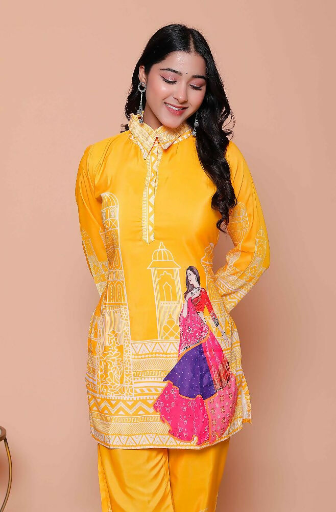 Miravan Womens Yellow Digital Printed Kurta Set | Grocsy