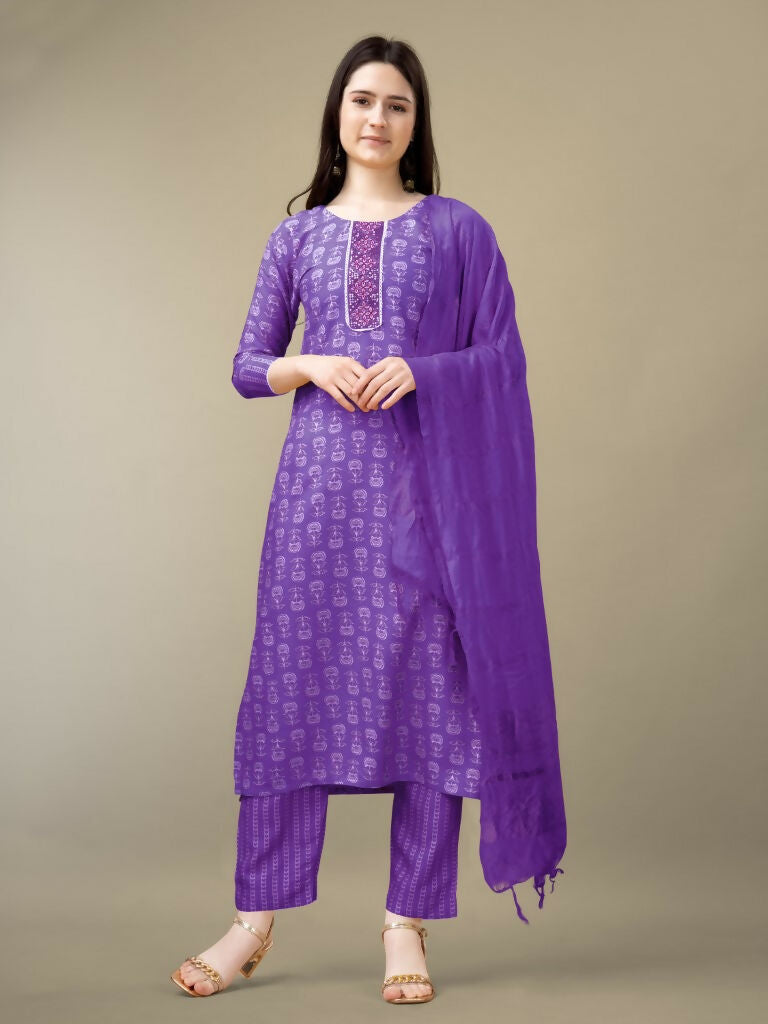 Jyoti Fashion Women's Purple Rayon Embroidery & Sequence work Kurta with Trouser & Dupatta | Grocsy