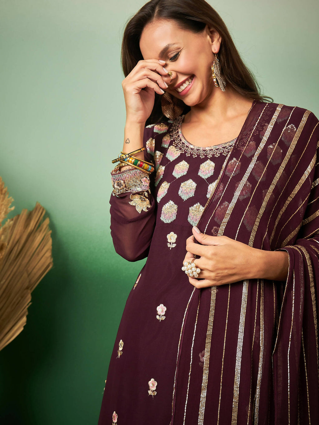 Wine Georgette Handwork Unstitched Dress Material - Hanika | Grocsy