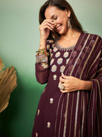 Wine Georgette Handwork Unstitched Dress Material - Hanika | Grocsy