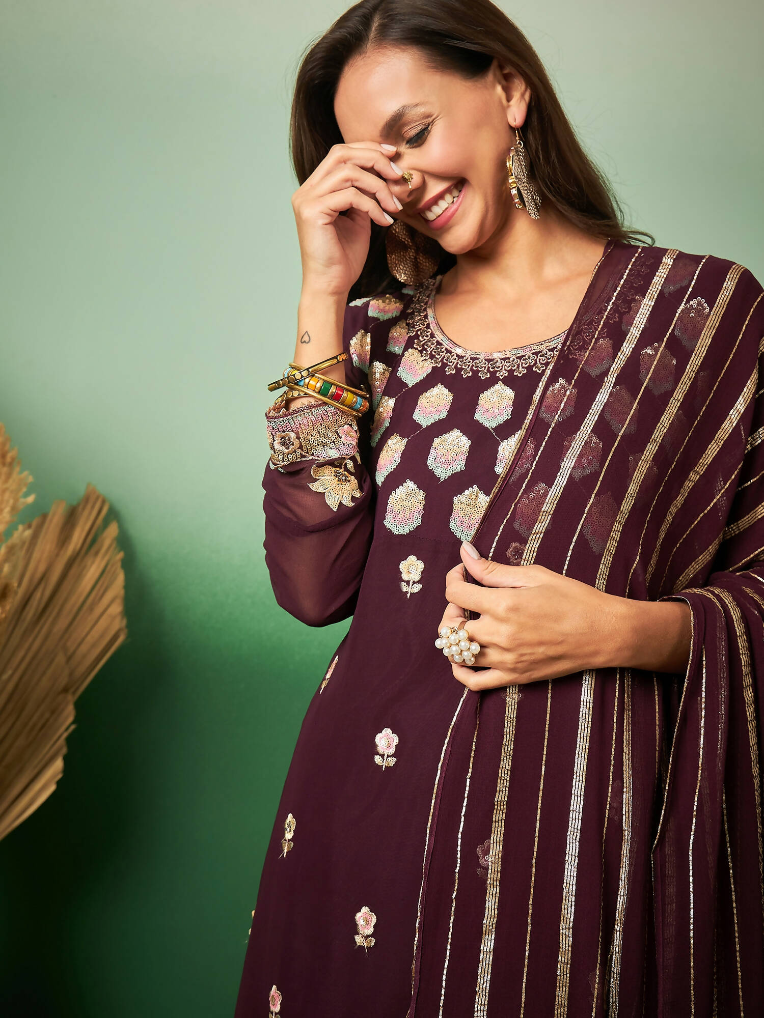 Wine Georgette Handwork Unstitched Dress Material - Hanika | Grocsy