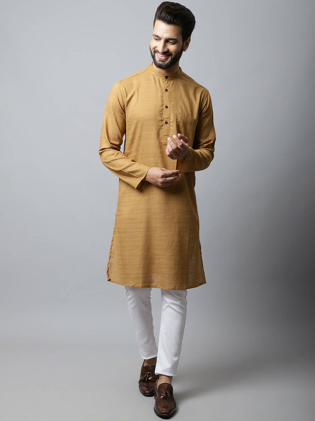 Even Apparels Brown Color Pure Cotton Men's Kurta With Band Collar (SLD1177) | Grocsy