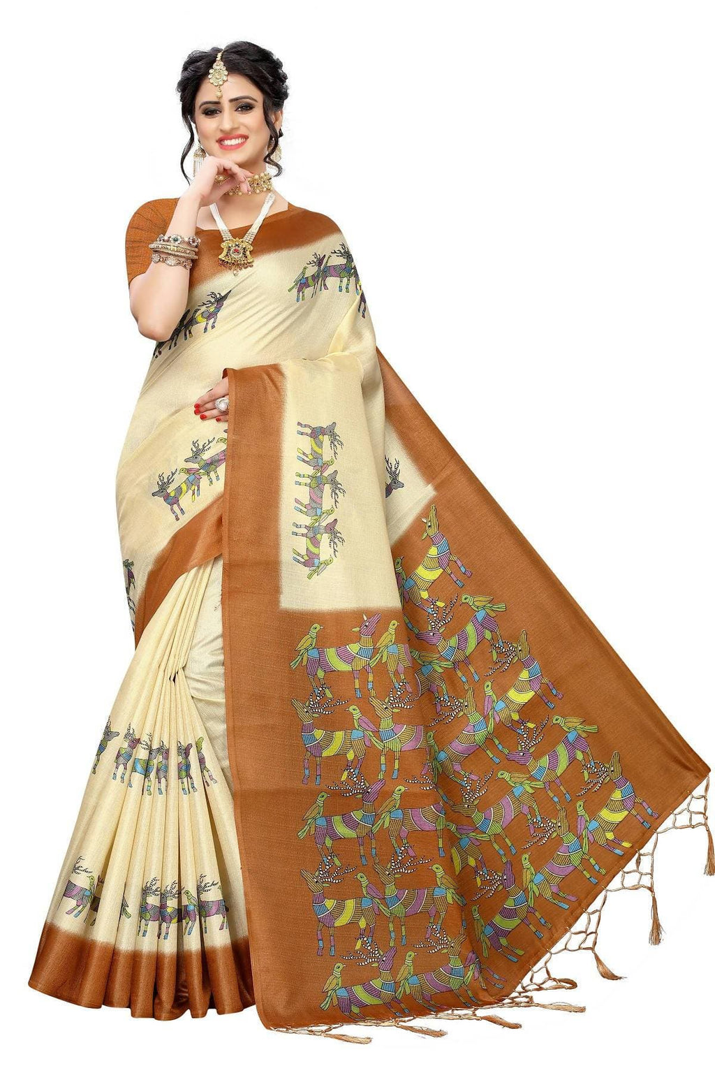 Vamika Multicolor & Brown Kalamkari With Jhalar Khadi Silk Saree | Grocsy