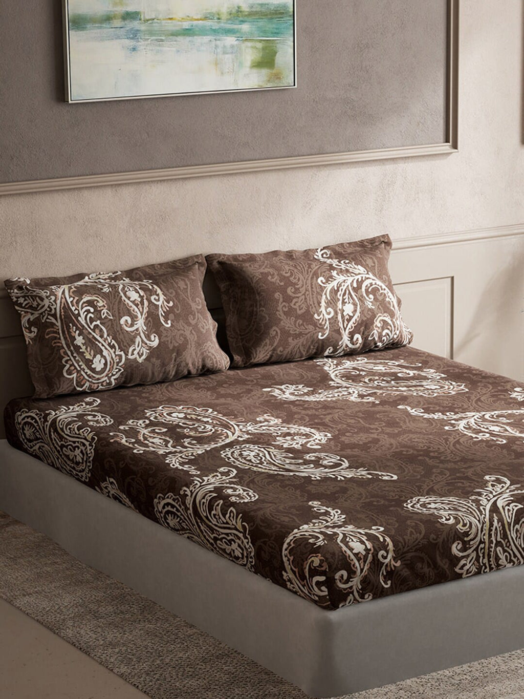 DDecor Brown & White Ethnic Motifs Cotton 140 TC King Bedsheet With 2 Pillow Covers | Grocsy