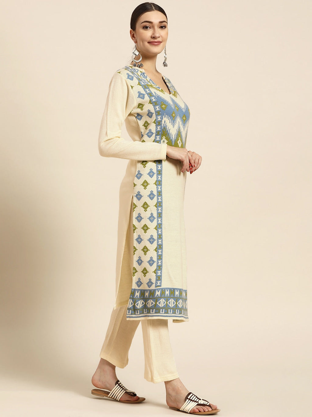 Sangria Women Off White Ethnic Motifs Self Design Winter Kurta with Trousers | Grocsy