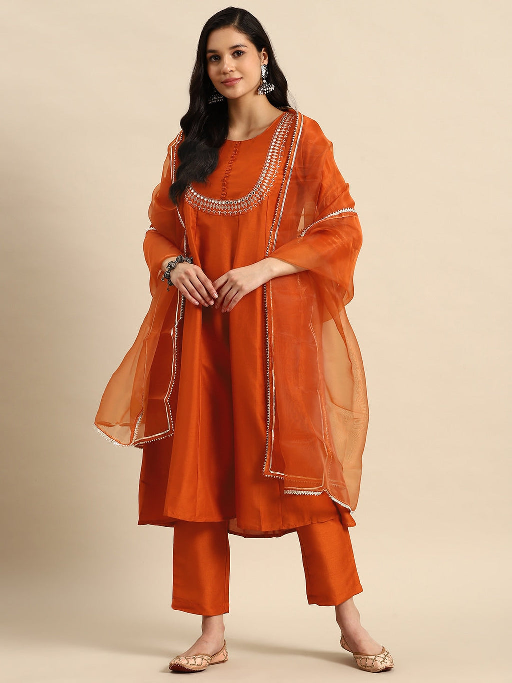 Sangria Ethnic Motifs Embroidered Mirror Work Silk Crepe Kurta with Trousers & Dupatta | Grocsy