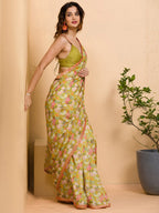 Sangria Floral Printed Mirror Work Saree | Grocsy