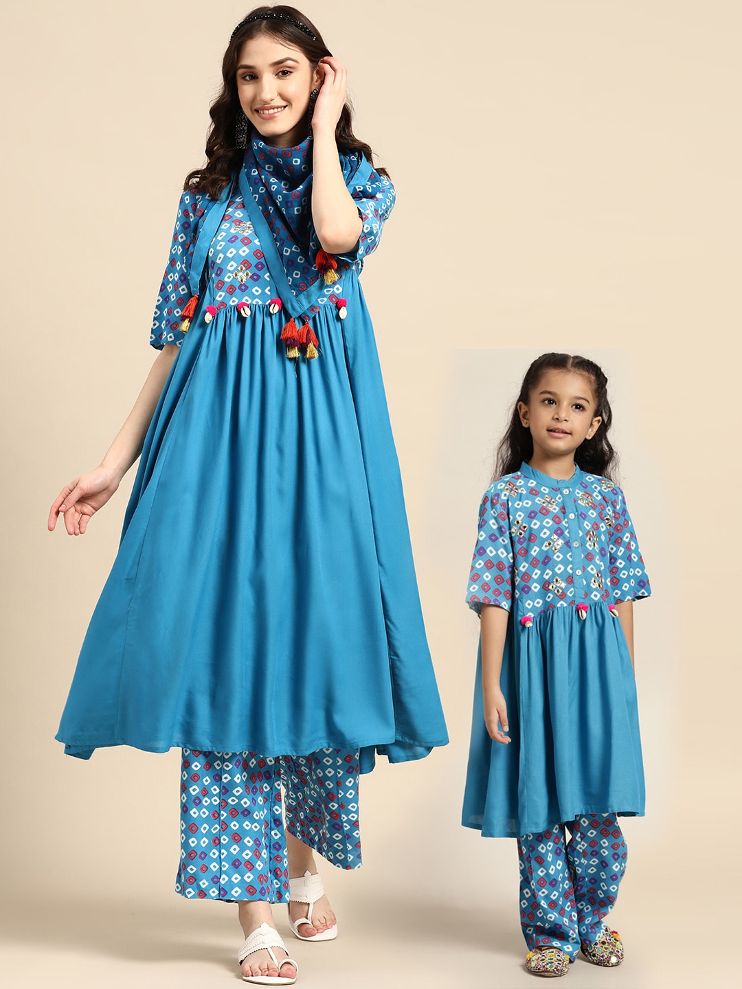 Sangria Women Bandhani Printed Kurta with Palazzos & Scarf | Grocsy