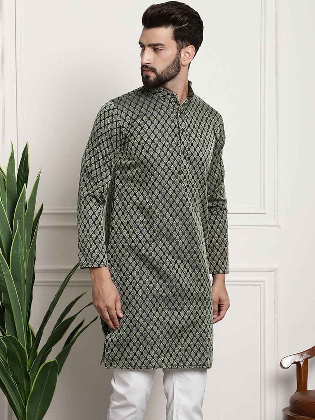 Sojanya Men Green & Beige Jacquard Silk Kurta | Grocsy