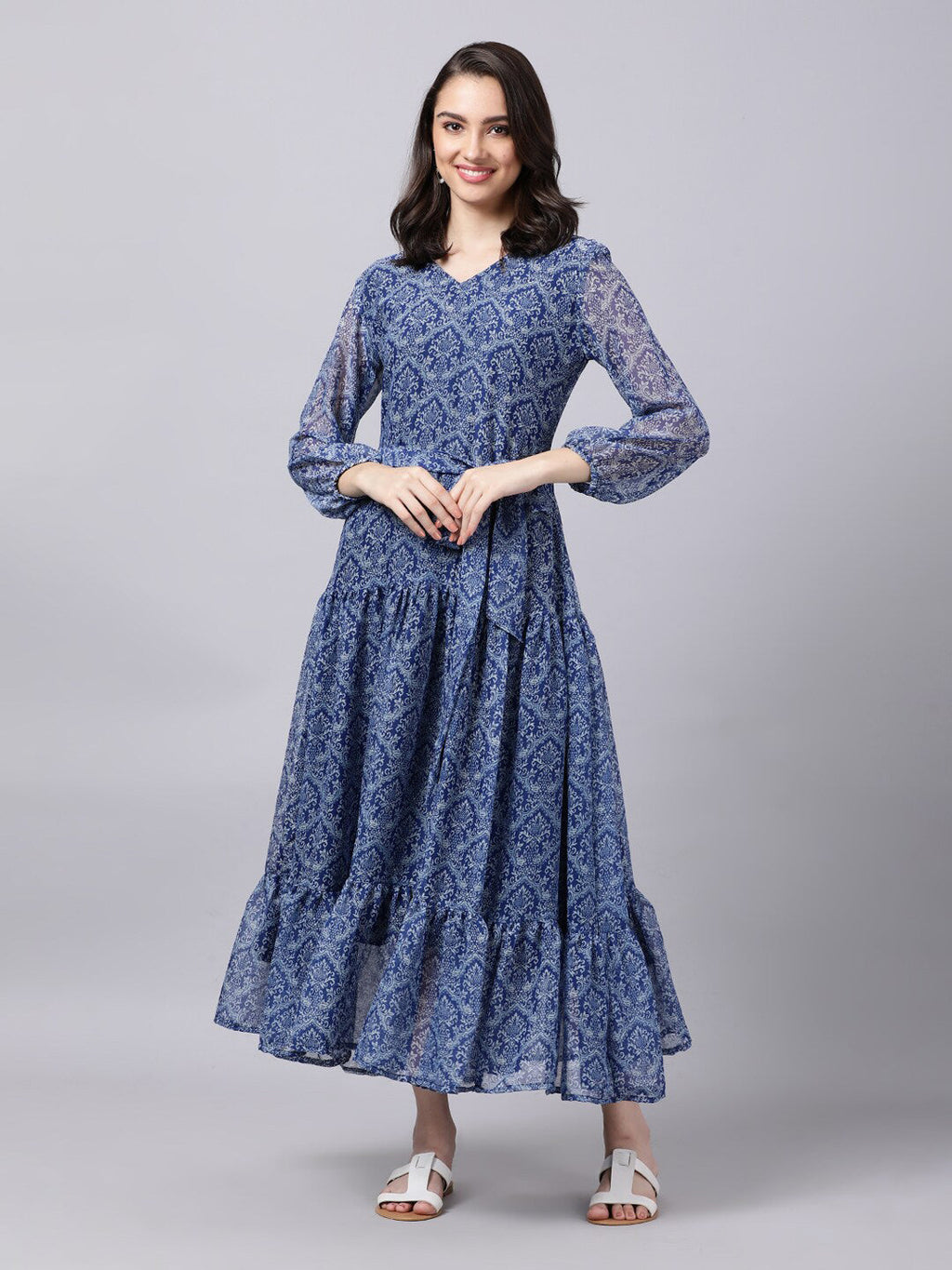 Souchii Blue Ethnic Motifs Printed Chiffon Maxi Tiered Dress | Grocsy