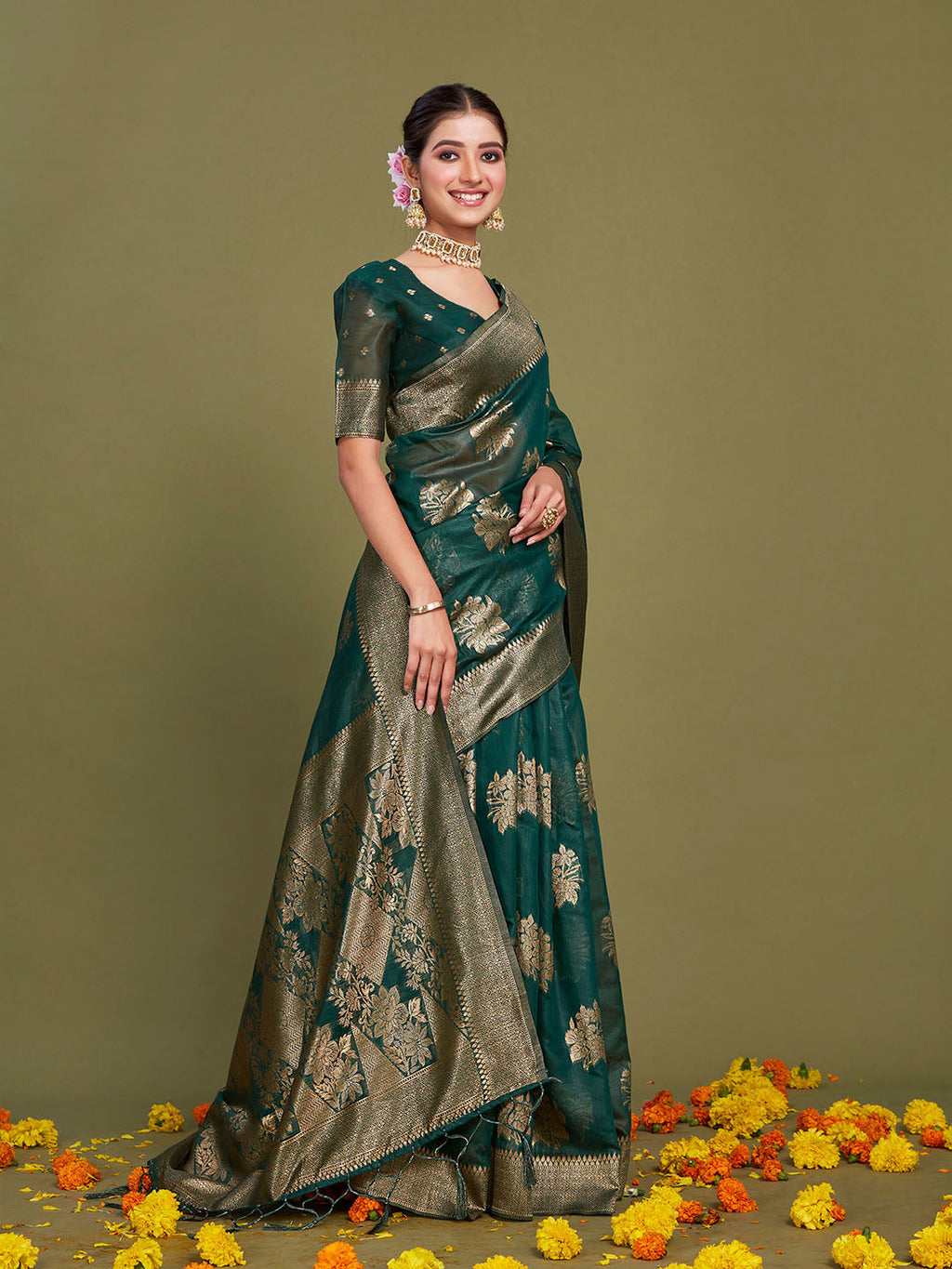 Sangria Ethnic Motifs Woven Design Linen Blend Saree | Grocsy