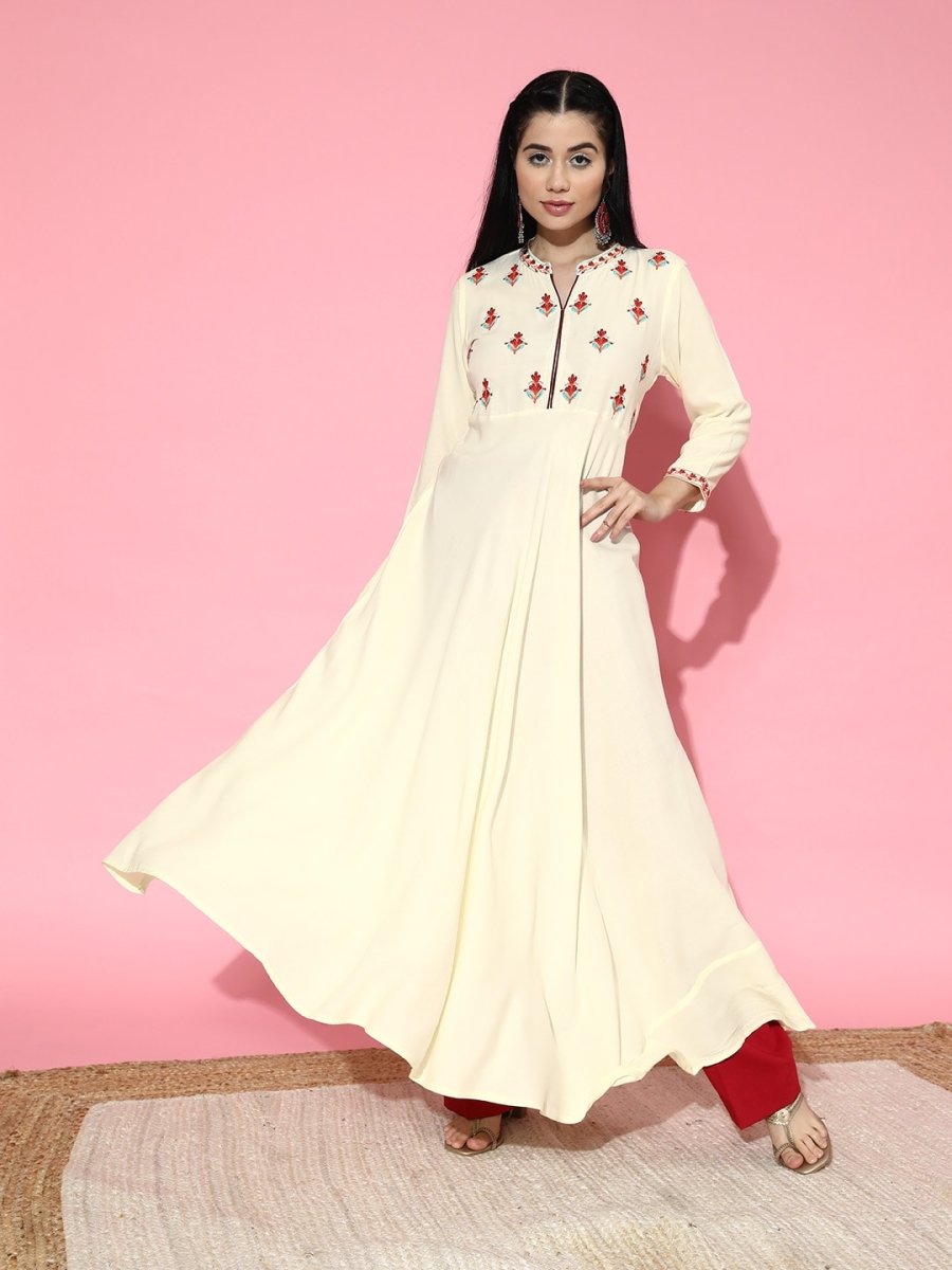 All About You Women Grey Ethnic Motifs Embroidered Tiering Anarkali Kurta | Grocsy