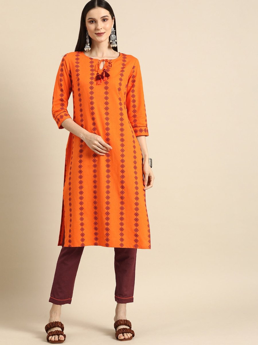 All About You Women Orange Printed Kurta with Maroon Solid Trousers | Grocsy
