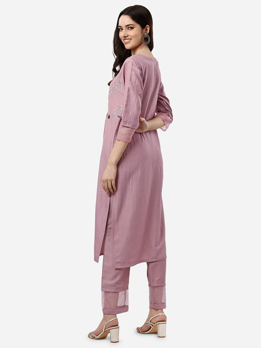HERE&NOW Women Mauve Embroidered Pleated Mirror Work Kurta with Trousers | Grocsy