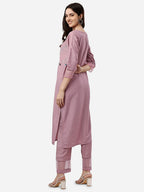 HERE&NOW Women Mauve Embroidered Pleated Mirror Work Kurta with Trousers | Grocsy