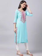 Souchii Women Blue & Pink Embroidered Round Neck Straight Kurta | Grocsy