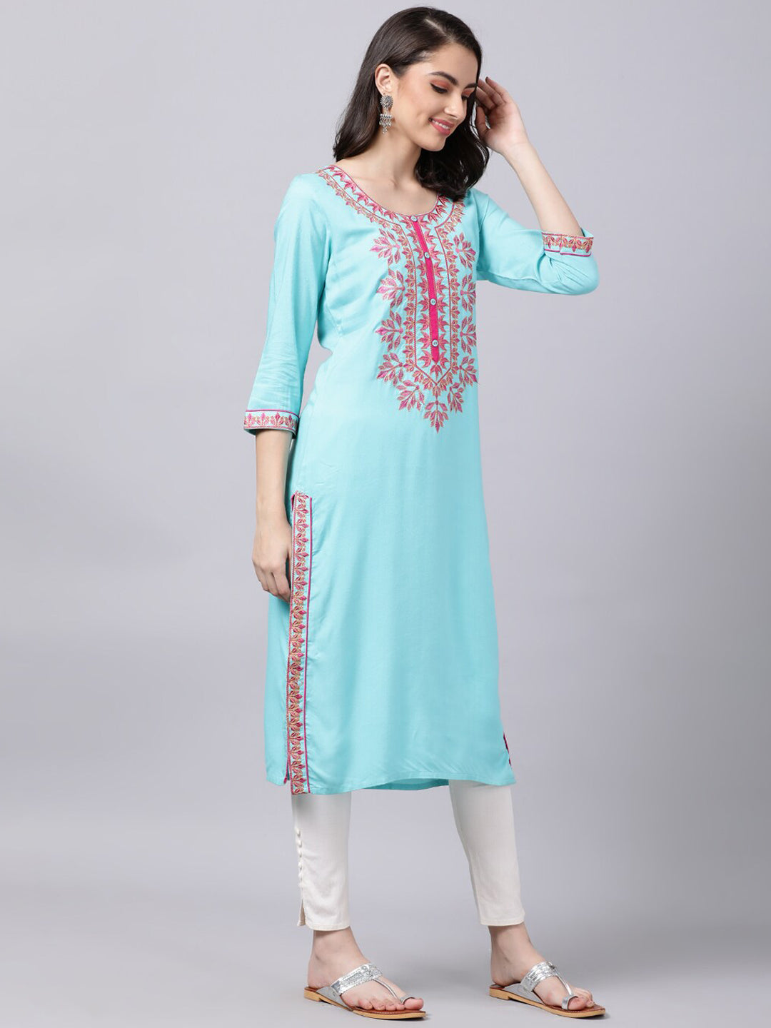 Souchii Women Blue & Pink Embroidered Round Neck Straight Kurta | Grocsy