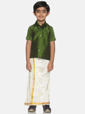 Sethukrishna Olive Green & White Solid Shirt and Veshti Set For Boys | Grocsy