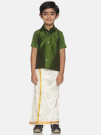 Sethukrishna Olive Green & White Solid Shirt and Veshti Set For Boys | Grocsy